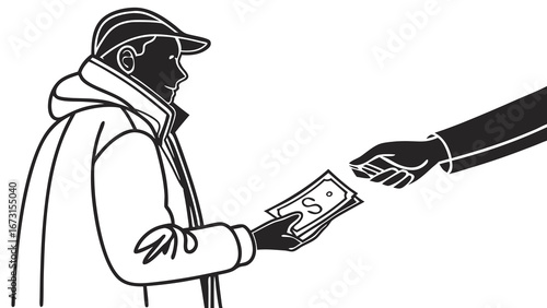 Cash payment transaction. Person hands over money to another. Financial exchange, purchase, or salary concept illustration.