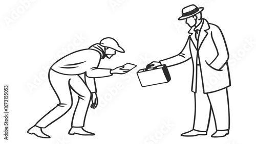 Clandestine Briefcase Exchange Between Two Men, Symbolizing Secret Deal, Transaction, or Illicit Agreement.