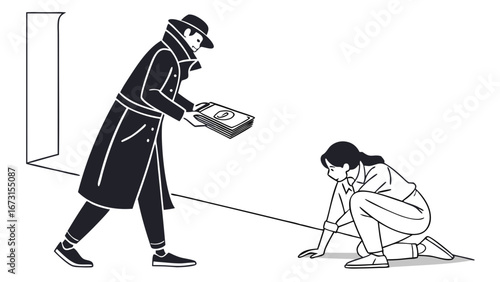 Clandestine money exchange: mysterious figure in trench coat offers cash to a crouching woman, illicit transaction concept