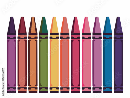 A vibrant series of wax crayon illustrations lined up in a colorful row. Vector art set for creative and educational concepts