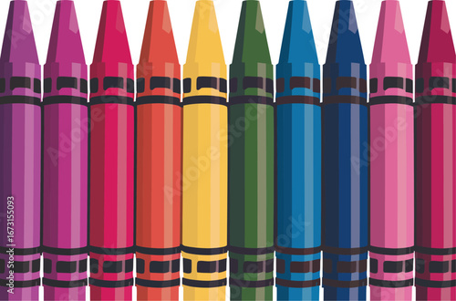 Colorful row of assorted wax crayons illustration for creative and educational concepts, arranged in a vibrant spectrum