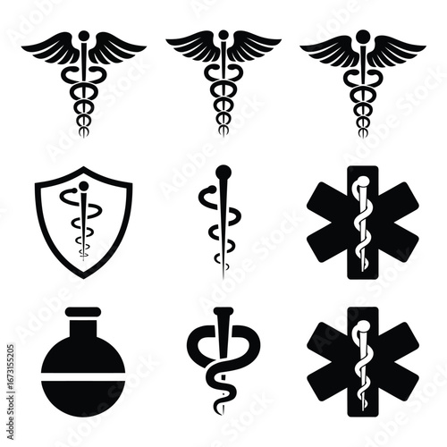 A versatile collection of black medical and healthcare icons, including the star shaped emergency symbol and caduceus design