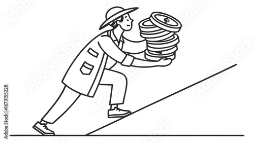 Person carrying stack of coins uphill, symbolizing financial growth, investment, and effort. Line art illustration.
