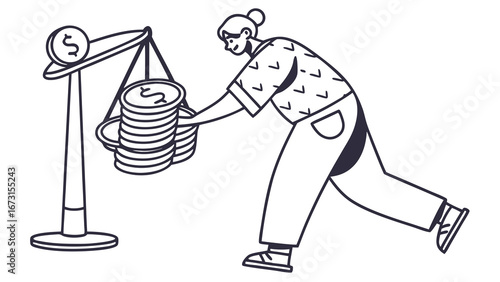 Person adding coins to a scale, illustrating financial effort, investment, wealth accumulation, or economic imbalance concept.