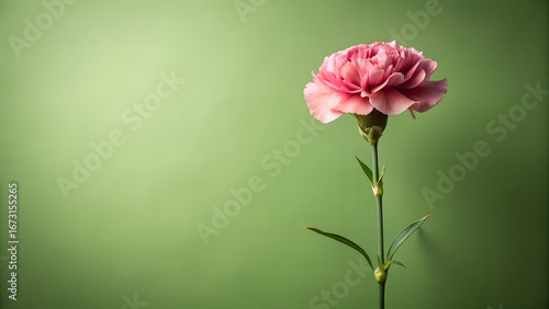 Delicate pink carnation blossom on soft green textured background with ample copy space