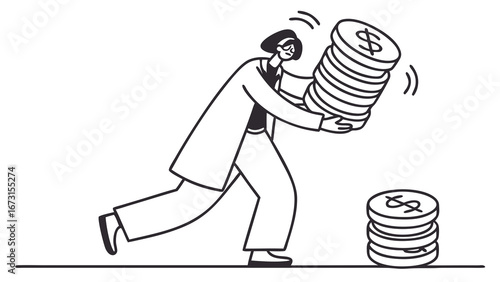 Financial struggle: Person carrying heavy stack of dollar coins, symbolizing wealth, debt, savings, or financial challenge