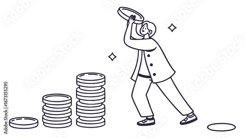 Financial Growth Concept: Person Stacking Coins to Build Wealth, Investment and Saving Strategy, Line Art Illustration