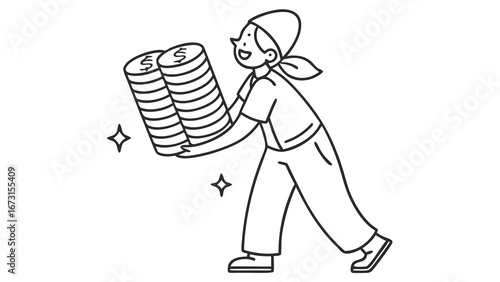 Happy person carrying stacks of coins. Financial success, savings, wealth, and prosperity concept. Line art illustration.