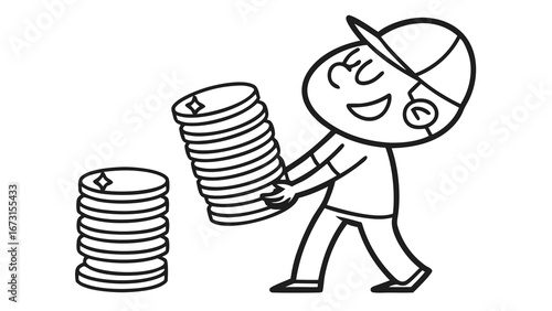 Happy cartoon character carrying a large stack of coins, symbolizing saving money, financial growth, and wealth accumulation in line art.