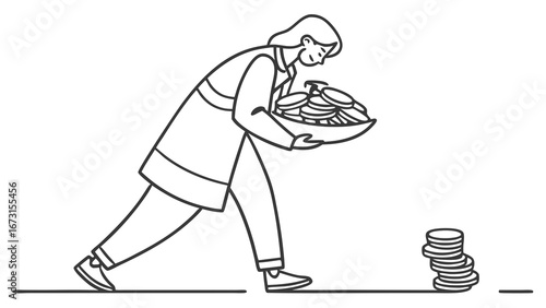 Financial Effort Illustration: Person carries heavy bowl of coins, symbolizing wealth accumulation, savings, and investment challenges.