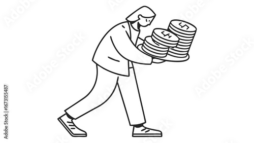 Line art illustration of a person carrying heavy stacks of coins, symbolizing financial burden, wealth, income, or savings.