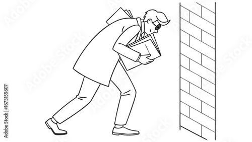 Spy in trench coat sneaking with confidential documents. Corporate espionage, information theft, and data breach concept illustration.