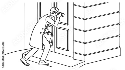 Spy or Investigator Peeking Around Building Corner with Camera - Discreet Observation and Surveillance Illustration