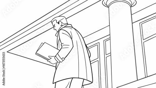 Professional man in trench coat with documents walking from classical building, line art illustration