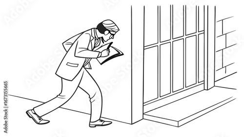 Man in hat and suit peeking, observing, taking notes, investigation, inspection, line art illustration