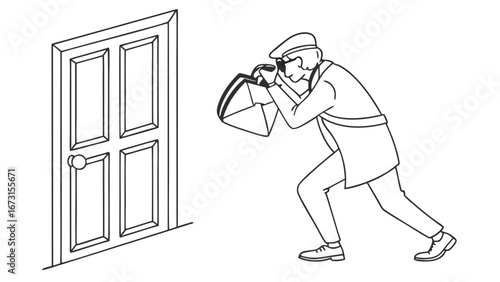 Burglar attempting to force entry into a door with a tool. Home security and crime concept line art illustration.
