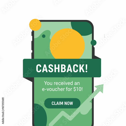 A smartphone displays a cashback offer of a $10 e-voucher, with a claim now button and an upward trending arrow.