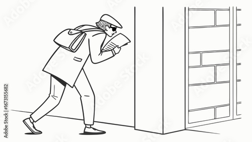 Line art illustration of a mysterious person in a coat and cap peeking around a corner, symbolizing secret observation or investigation.
