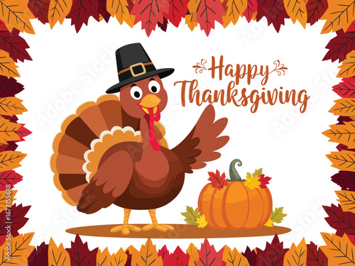 Happy Thanksgiving Greeting Card Cartoon Turkey, Pumpkin & Autumn Leaves