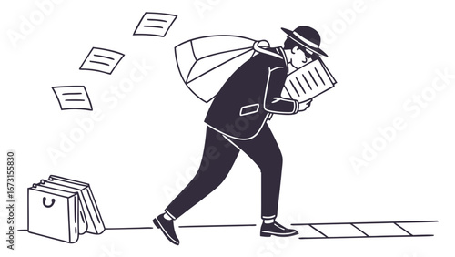 Corporate Espionage & Data Theft Illustration: Man stealing confidential documents in a fedora, representing information breach and intellectual pr...