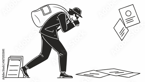 Masked Thief Stealing Documents and Data - Cybersecurity Crime, Corporate Espionage, and Information Breach Concept Illustration