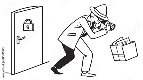 Spy Photographing Secret Documents by Locked Door. Corporate Espionage, Data Theft, Surveillance, Privacy Breach Concept.