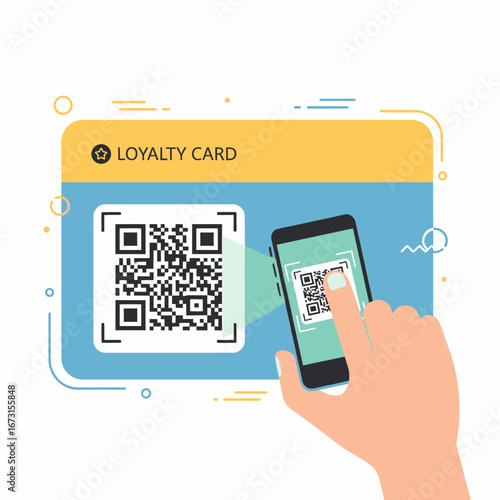 A hand holds a smartphone scanning a QR code on a loyalty card for digital rewards and customer engagement.
