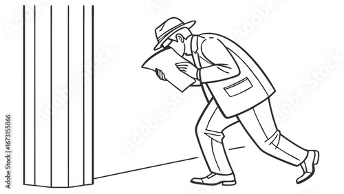 Spy or detective peeking around a column while reading a document, mystery concept