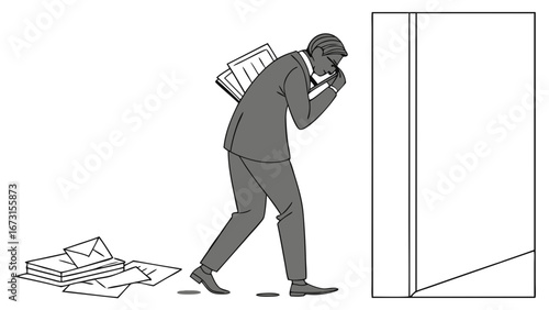 Stressed businessman with heavy paperwork, talking on phone, depicting work burden and corporate pressure.
