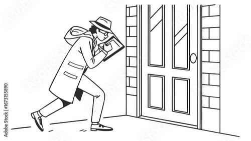 Detective in trench coat peeking through a door with a tablet, black and white line art illustration