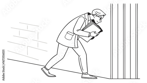 Man in hat peeking around corner with folder, line art illustration of curiosity, secrecy, or investigation concept