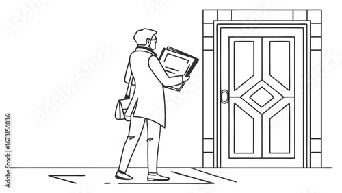 Business professional with documents standing at closed door, line art vector illustration
