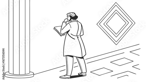 Thoughtful person in classical architectural interior, studying documents, contemplating ideas, intellectual pursuit, historical context