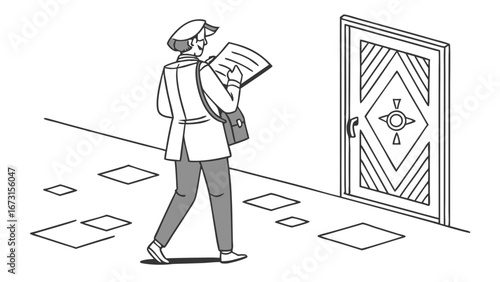 Mail carrier delivering documents to a door. Postal service illustration of a person at a doorway.