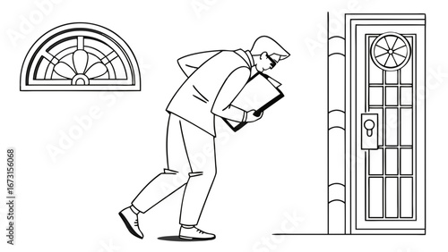 Businessman sneaking with confidential documents. Corporate espionage, data theft, secret information, office crime illustration.