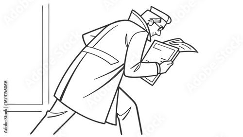 Illustration of a Man in a Trench Coat Intently Reading a Document