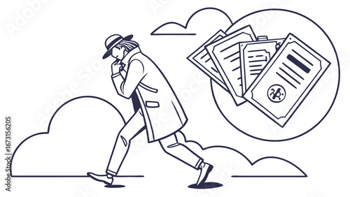 Secretive figure in trench coat contemplating official documents. Business, legal, and intellectual property concept.