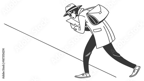 Focused person in hat and coat walking uphill, navigating with a map or device. Black and white line art illustration.