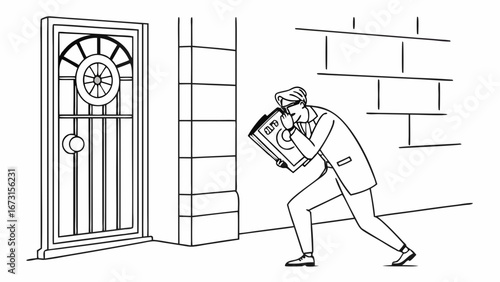 Spy Photographer Peeking Around Corner with Camera at Door Illustration