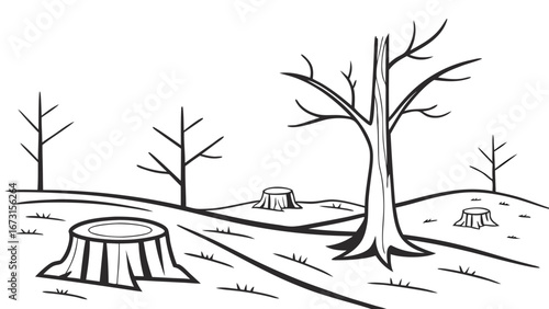 Black and white illustration of deforestation with tree stumps and bare trees, symbolizing environmental damage and habitat loss.