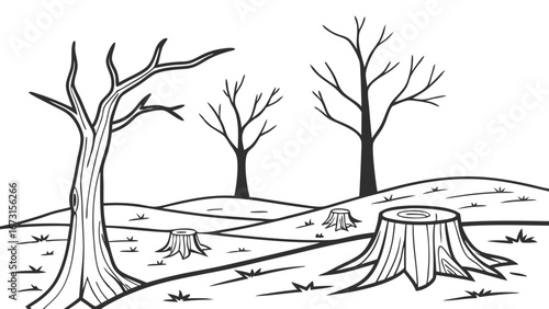 Barren landscape with bare trees and tree stumps, symbolizing deforestation and environmental degradation