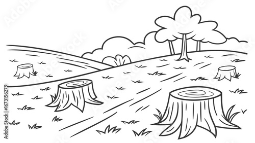 Deforestation landscape line art: tree stumps on a hill, environmental impact illustration, nature damage