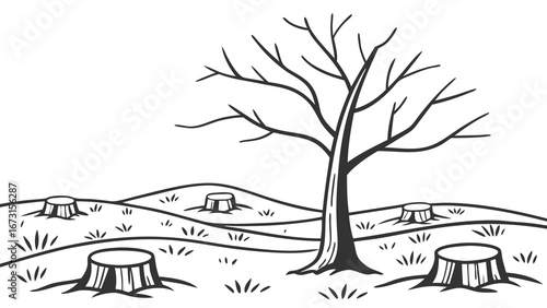 Deforestation landscape with barren tree and multiple tree stumps. Environmental impact, nature destruction, black and white illustration.