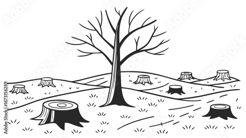 Deforestation illustration with a single bare tree surrounded by cut tree stumps in a barren landscape, symbolizing environmental impact.