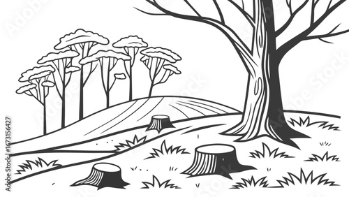 Deforestation landscape with tree stumps and forest. Environmental impact line art illustration.