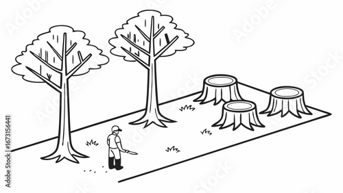 Logging and deforestation illustration with worker, standing trees, and stumps