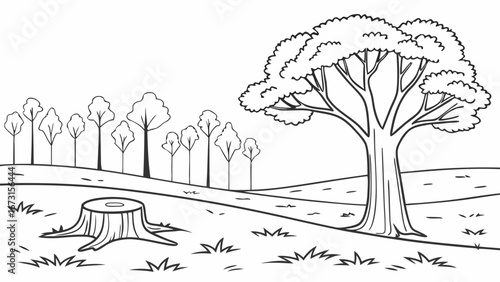 Forest landscape with tree stump and standing trees, environmental line art for coloring book