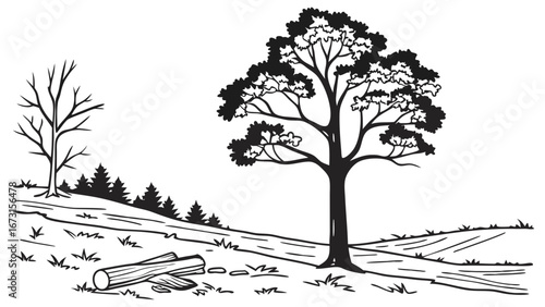 Hand drawn natural landscape with leafy tree, bare tree, and cut logs on a grassy hill. Monochrome nature scene sketch.