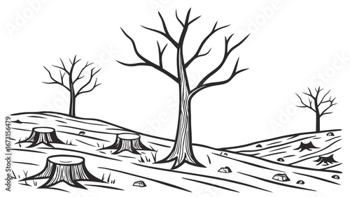 Deforestation landscape illustration with bare trees and tree stumps. Environmental destruction and clear-cutting concept.