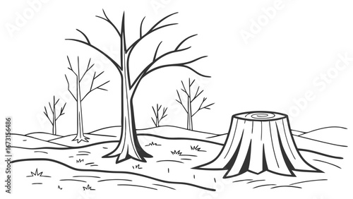Deforestation concept: tree stump and bare trees in barren landscape, environmental impact illustration